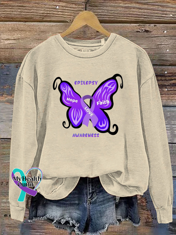 Faith Hope Love Epilepsy Awareness Print Casual Crew Neck Sweatshirt Beige / S