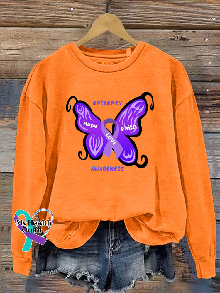Faith Hope Love Epilepsy Awareness Print Casual Crew Neck Sweatshirt Orange / S