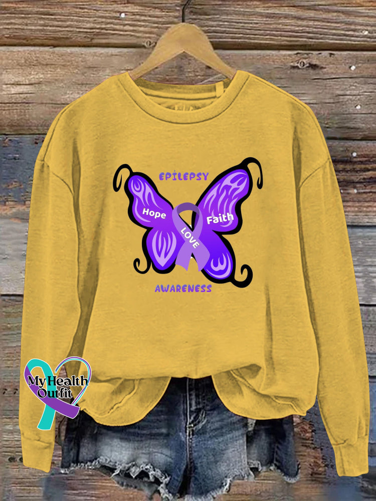 Faith Hope Love Epilepsy Awareness Print Casual Crew Neck Sweatshirt Yellow / S