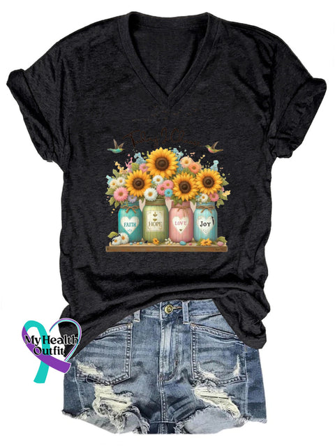 Faith Hope Love Joy Printed V-Neck Short Sleeve T-Shirt Black / S