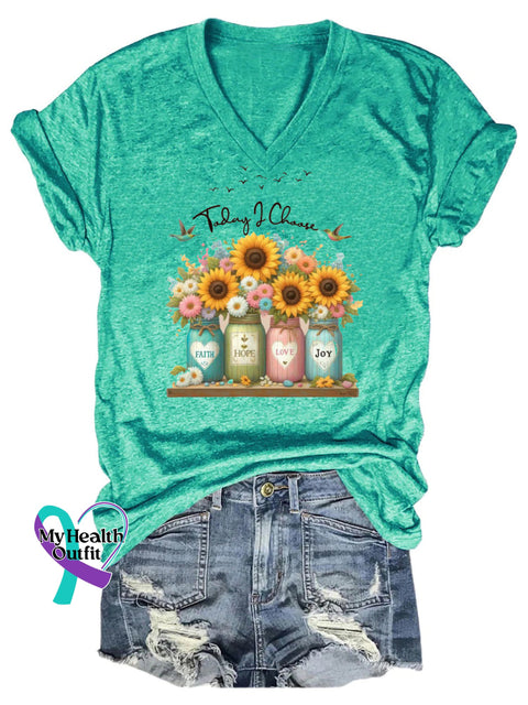 Faith Hope Love Joy Printed V-Neck Short Sleeve T-Shirt MintGreen / S