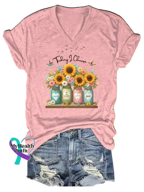 Faith Hope Love Joy Printed V-Neck Short Sleeve T-Shirt Pink、 / S