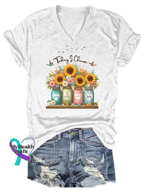 Faith Hope Love Joy Printed V-Neck Short Sleeve T-Shirt White / S