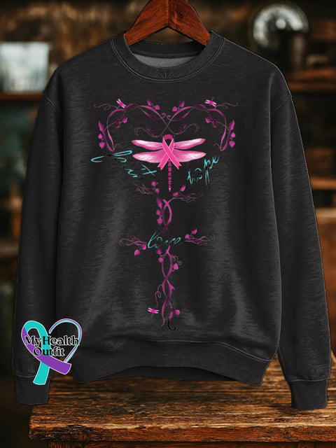 Faith Hope Love Pink Ribbon Dragonfly Breast Cancer Awareness Print Casual Sweatshirt Black / S