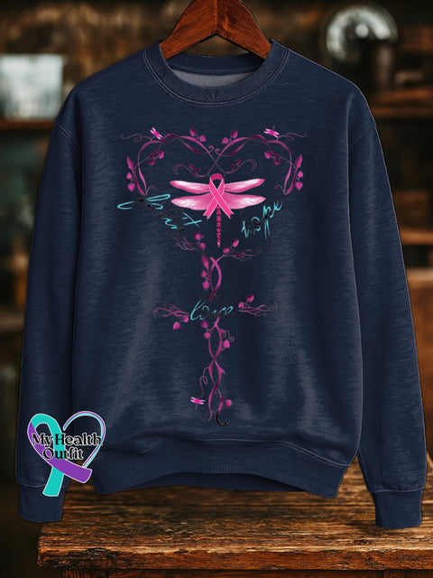 Faith Hope Love Pink Ribbon Dragonfly Breast Cancer Awareness Print Casual Sweatshirt Blue / S