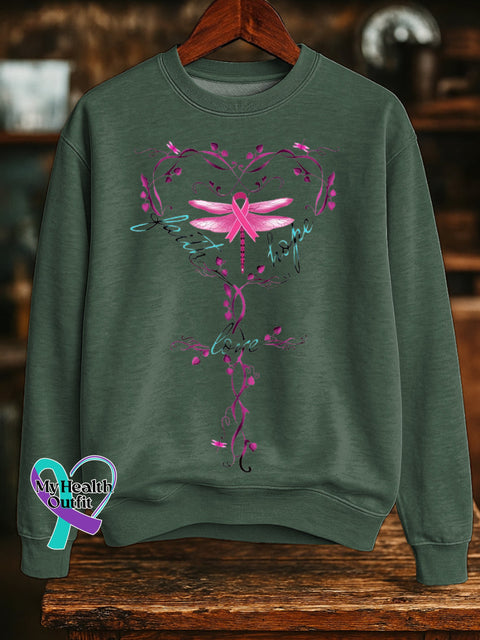 Faith Hope Love Pink Ribbon Dragonfly Breast Cancer Awareness Print Casual Sweatshirt Green / S