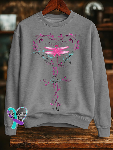 Faith Hope Love Pink Ribbon Dragonfly Breast Cancer Awareness Print Casual Sweatshirt Grey / S