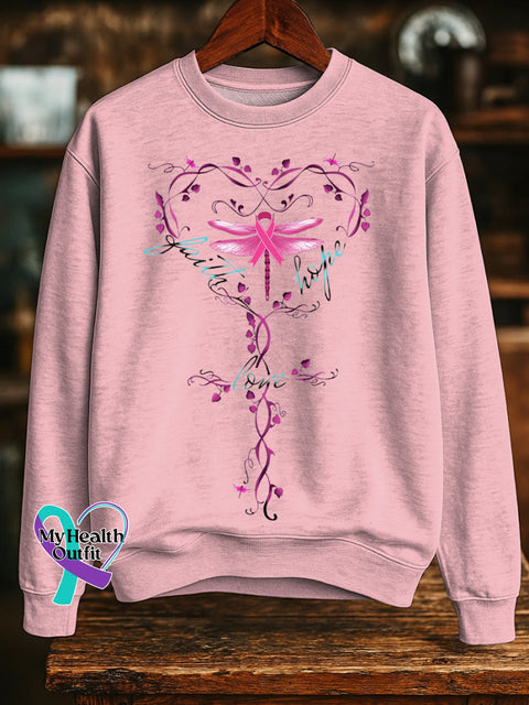 Faith Hope Love Pink Ribbon Dragonfly Breast Cancer Awareness Print Casual Sweatshirt LightPink / S