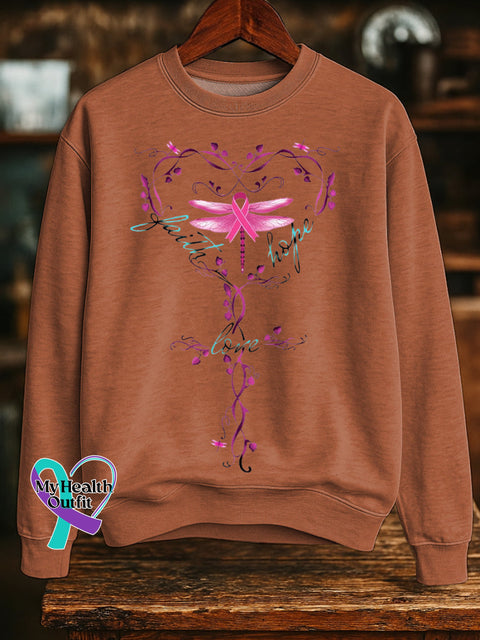 Faith Hope Love Pink Ribbon Dragonfly Breast Cancer Awareness Print Casual Sweatshirt Orange / S