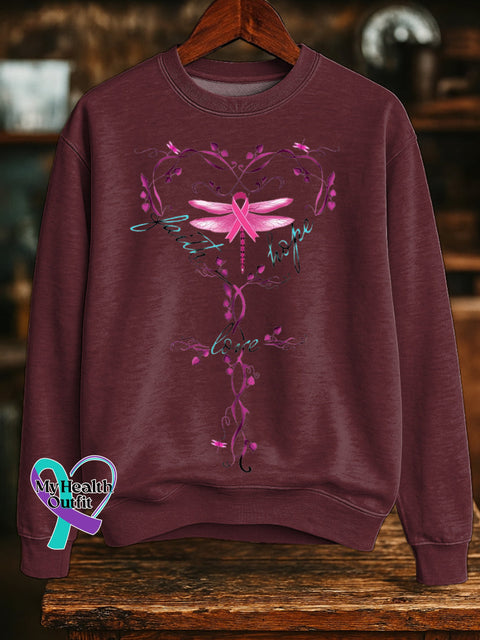 Faith Hope Love Pink Ribbon Dragonfly Breast Cancer Awareness Print Casual Sweatshirt Red / S