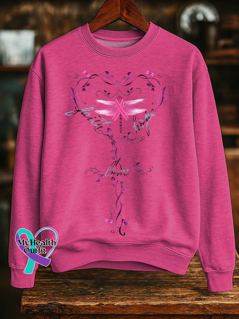 Faith Hope Love Pink Ribbon Dragonfly Breast Cancer Awareness Print Casual Sweatshirt Pink / S