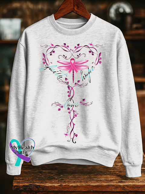 Faith Hope Love Pink Ribbon Dragonfly Breast Cancer Awareness Print Casual Sweatshirt White / S