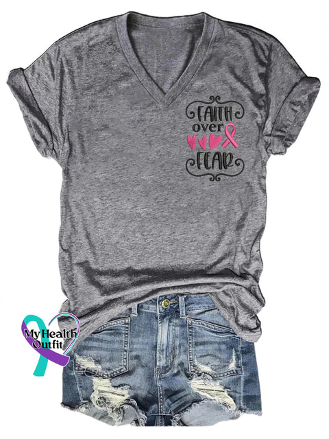 Faith Over Fear Breast Cancer V-Neck Casual Short Sleeve T-Shirt Grey / S