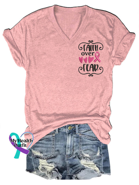 Faith Over Fear Breast Cancer V-Neck Casual Short Sleeve T-Shirt Pink / S