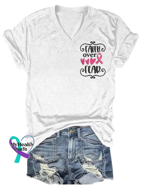 Faith Over Fear Breast Cancer V-Neck Casual Short Sleeve T-Shirt White / S