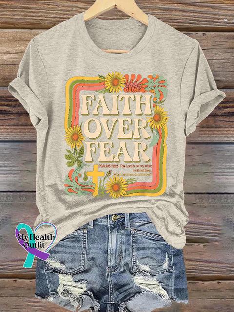 Faith Over Fear Printed Casual Crew Neck Short Sleeve T-Shirt Beige / S