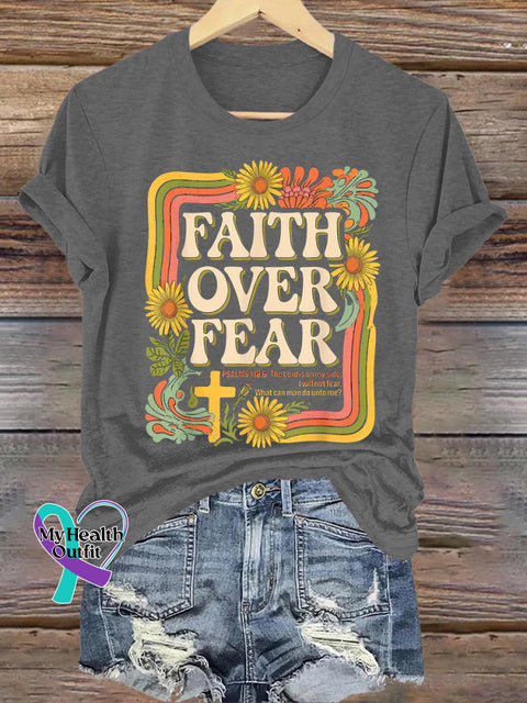 Faith Over Fear Printed Casual Crew Neck Short Sleeve T-Shirt Grey / S