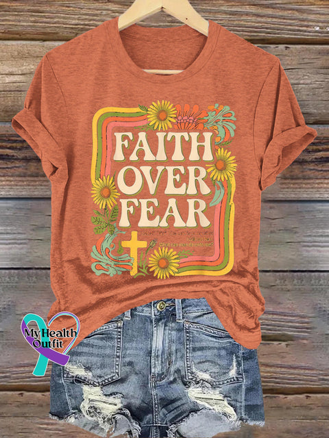 Faith Over Fear Printed Casual Crew Neck Short Sleeve T-Shirt Orange / S