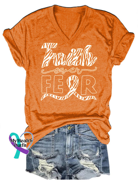 Faith Over Fear V-Neck Casual Short Sleeve T-Shirt Orange / S