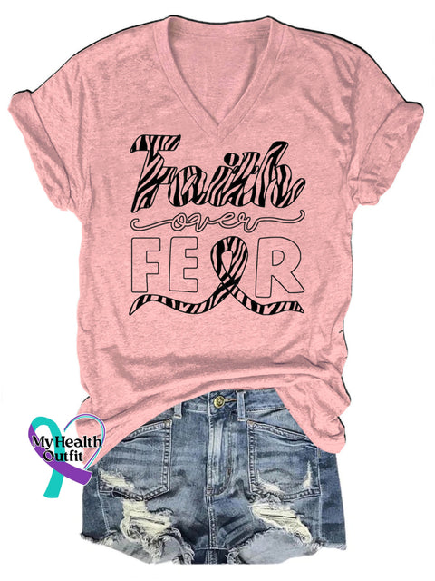 Faith Over Fear V-Neck Casual Short Sleeve T-Shirt Pink / S