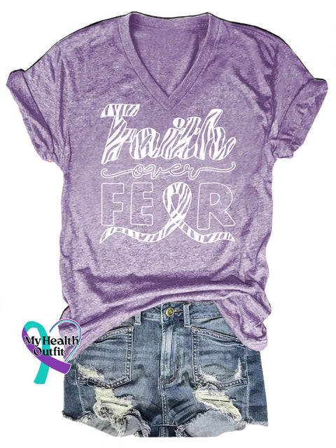 Faith Over Fear V-Neck Casual Short Sleeve T-Shirt Purple / S