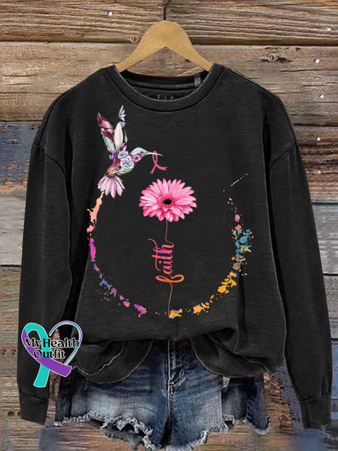 Faith Pink Ribbon Breast Cancer Awareness Print Casual Sweatshirt Black / S