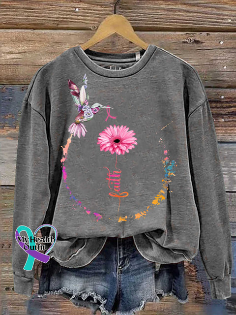 Faith Pink Ribbon Breast Cancer Awareness Print Casual Sweatshirt Grey / S
