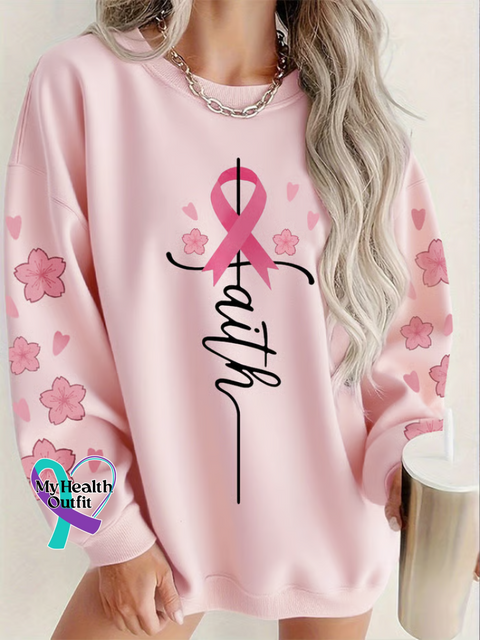Faith Pink Ribbon Breast Cancer Awareness Print Casual Sweatshirt LightPink / S