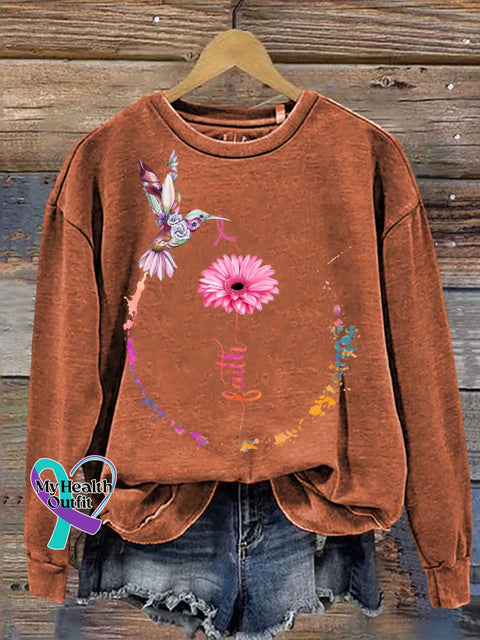 Faith Pink Ribbon Breast Cancer Awareness Print Casual Sweatshirt Orange / S