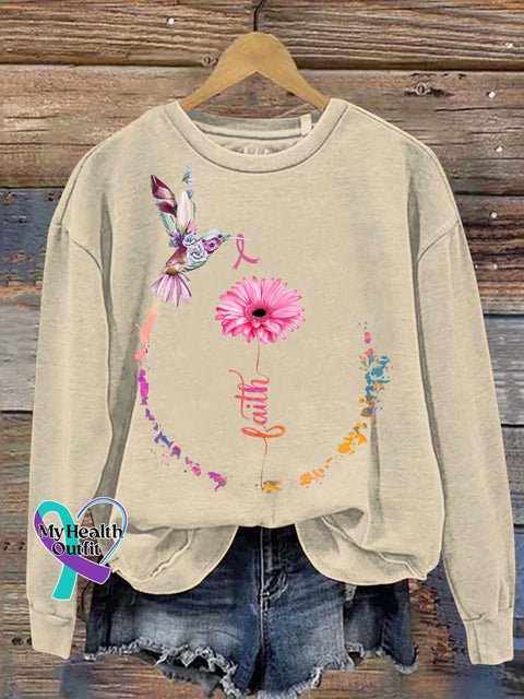 Faith Pink Ribbon Breast Cancer Awareness Print Casual Sweatshirt Sand / S
