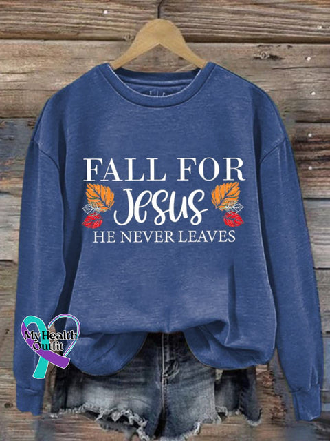 Fall For Jesus He Never Leaves Ladies Printed Long Sleeve Sweatshirt Blue / S