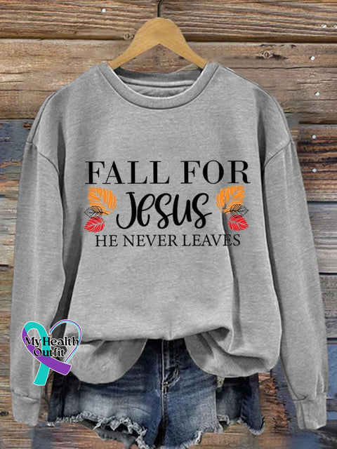 Fall For Jesus He Never Leaves Ladies Printed Long Sleeve Sweatshirt Light Grey / S