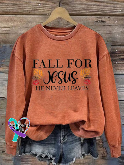 Fall For Jesus He Never Leaves Ladies Printed Long Sleeve Sweatshirt Pumpkin Orange / S
