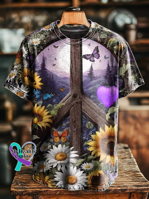 Fantasy Peace Butterfly Sunflower Floral Print Casual Round Neck Short Sleeve T-Shirt Multicolor / S