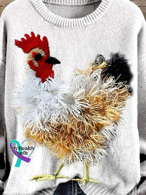 Farm Cute Animals Chicken Embroidery Simulation Print Knit Pullover Sweater