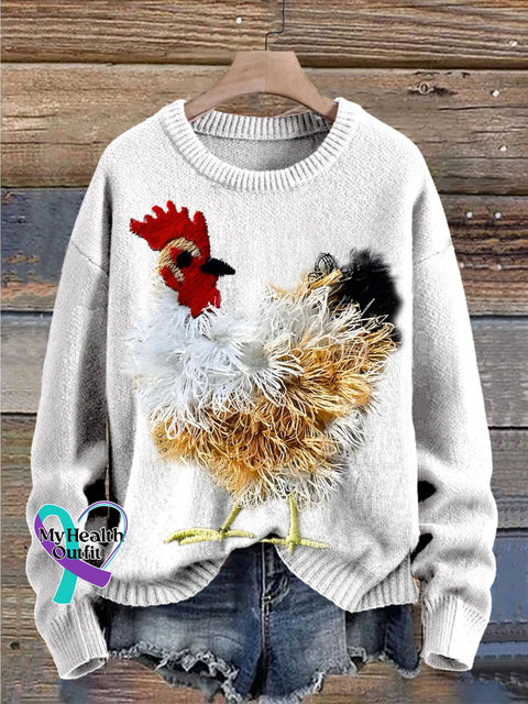 Farm Cute Animals Chicken Embroidery Simulation Print Knit Pullover Sweater White / S