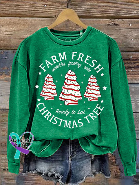 Farm Fresh Christmas Tree Cake Print Casual Sweatshirt Green / S