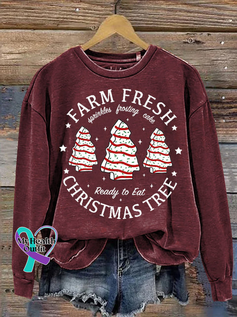 Farm Fresh Christmas Tree Cake Print Casual Sweatshirt Maroon / S