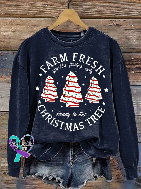Farm Fresh Christmas Tree Cake Print Casual Sweatshirt Navyblue / S