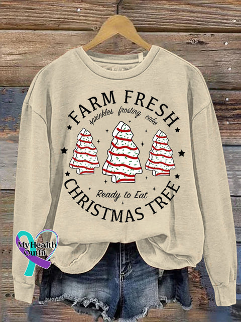 Farm Fresh Christmas Tree Cake Print Casual Sweatshirt Sand / S