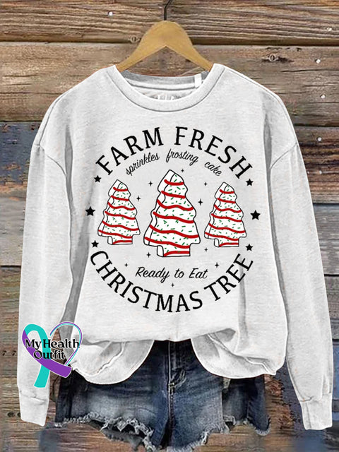 Farm Fresh Christmas Tree Cake Print Casual Sweatshirt White / S