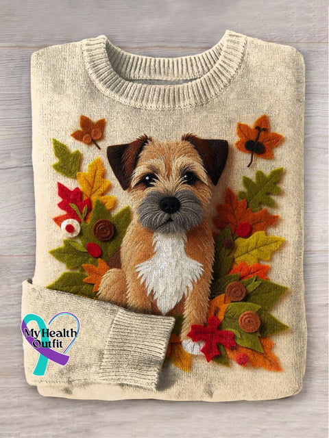 Felt Cute Leaf Dog Art Print Knit Pullover Sweater Multicolor / S