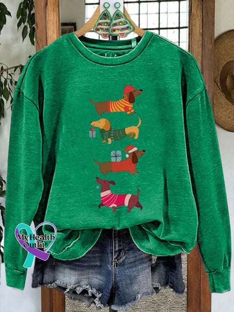 Festive Dachshund Christmas Casual Sweatshirt Green / S