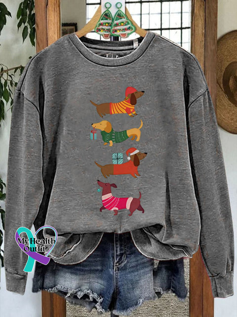 Festive Dachshund Christmas Casual Sweatshirt Grey / S