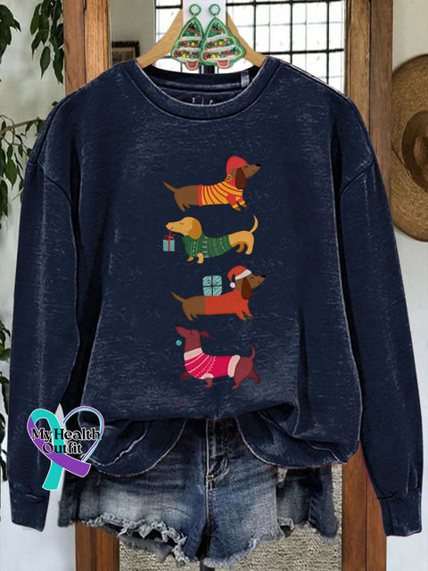 Festive Dachshund Christmas Casual Sweatshirt Navyblue / S