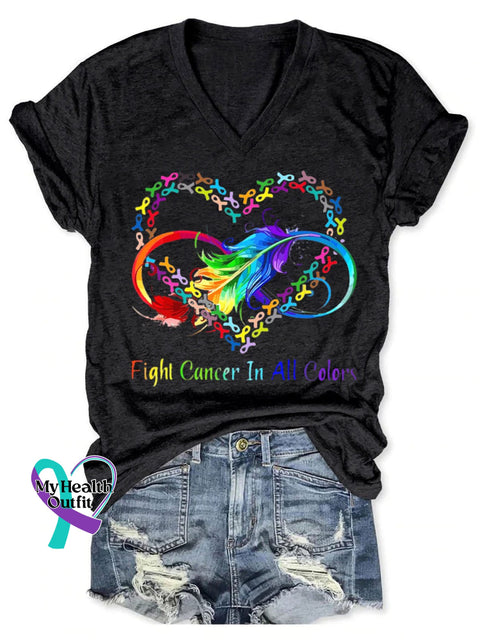 Fight Cancer In All Colors Art Print V-Neck Casual T-Shirt Black / S