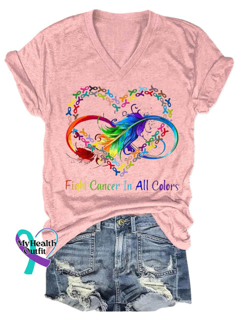 Fight Cancer In All Colors Art Print V-Neck Casual T-Shirt Pink / S