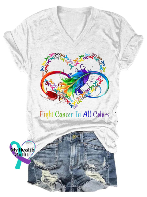 Fight Cancer In All Colors Art Print V-Neck Casual T-Shirt White / S