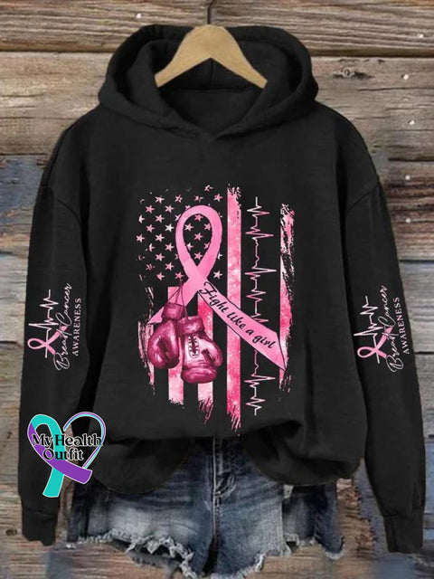 ’Fight Like A Girl’ Breast Cancer Awareness Graphic Printed Casual Hoodie Sweatshirt Black / S