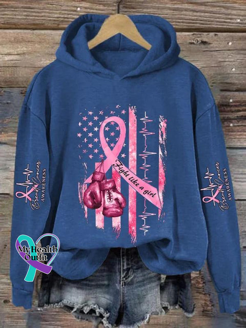 ’Fight Like A Girl’ Breast Cancer Awareness Graphic Printed Casual Hoodie Sweatshirt Blue / S